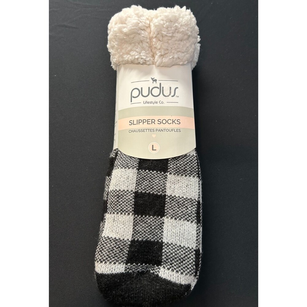 NWT Pudus Slipper Socks Buffalo Check Black White Sherpa Lined Unisex L 9-13